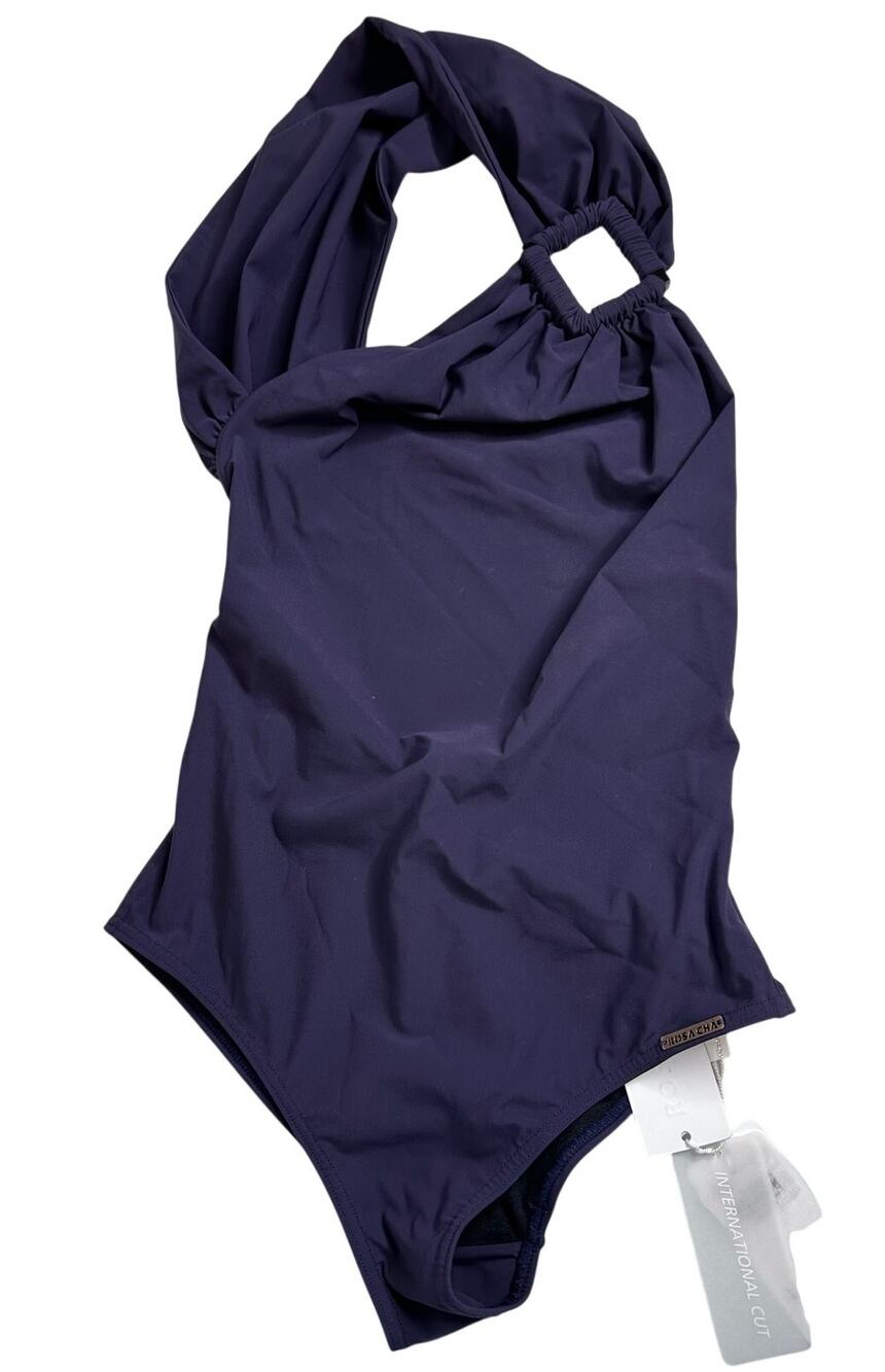 Rosa Cha NWT One Shoulder Cutout One Piece Swimsuit Navy Blue Ring Detail S